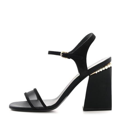Chanel Lambskin Grosgrain Open Toe Pearl Sandal Heels 39.5 Black 1 of 12