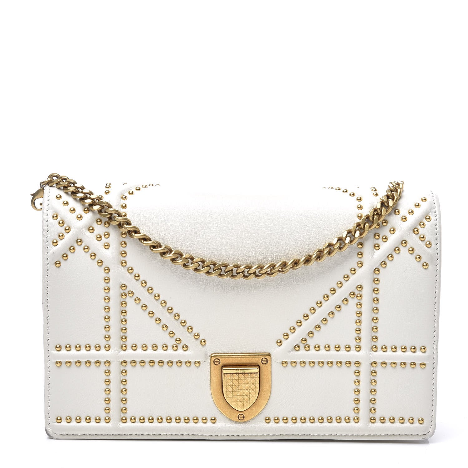 Christian Dior Calfskin Studded Diorama Wallet on Chain Pouch Off White 1 of 13