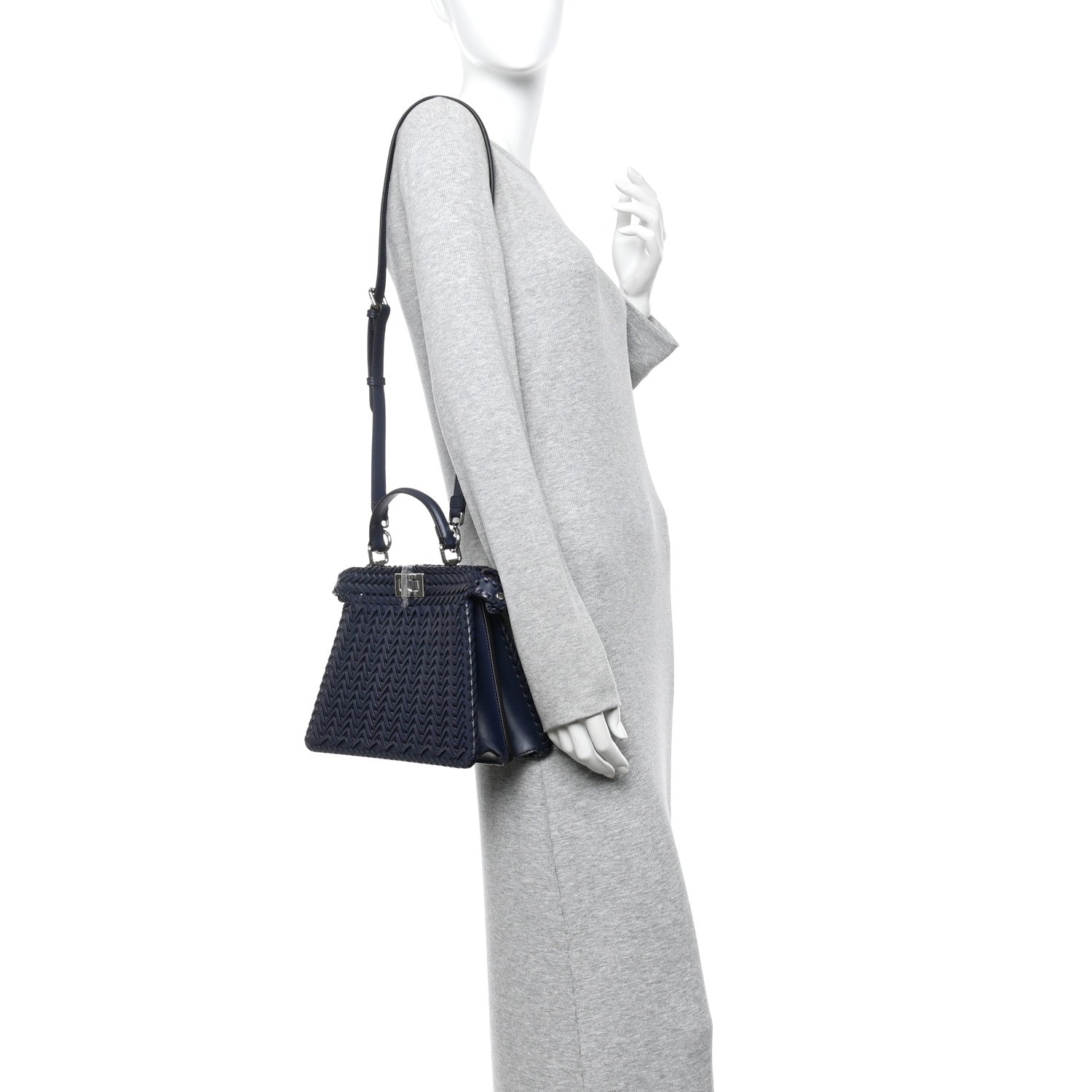 Fendi Vitello King Shiny Nappa Intreccio Petite Peekaboo I SEE U Satchel Midnight 2 of 12