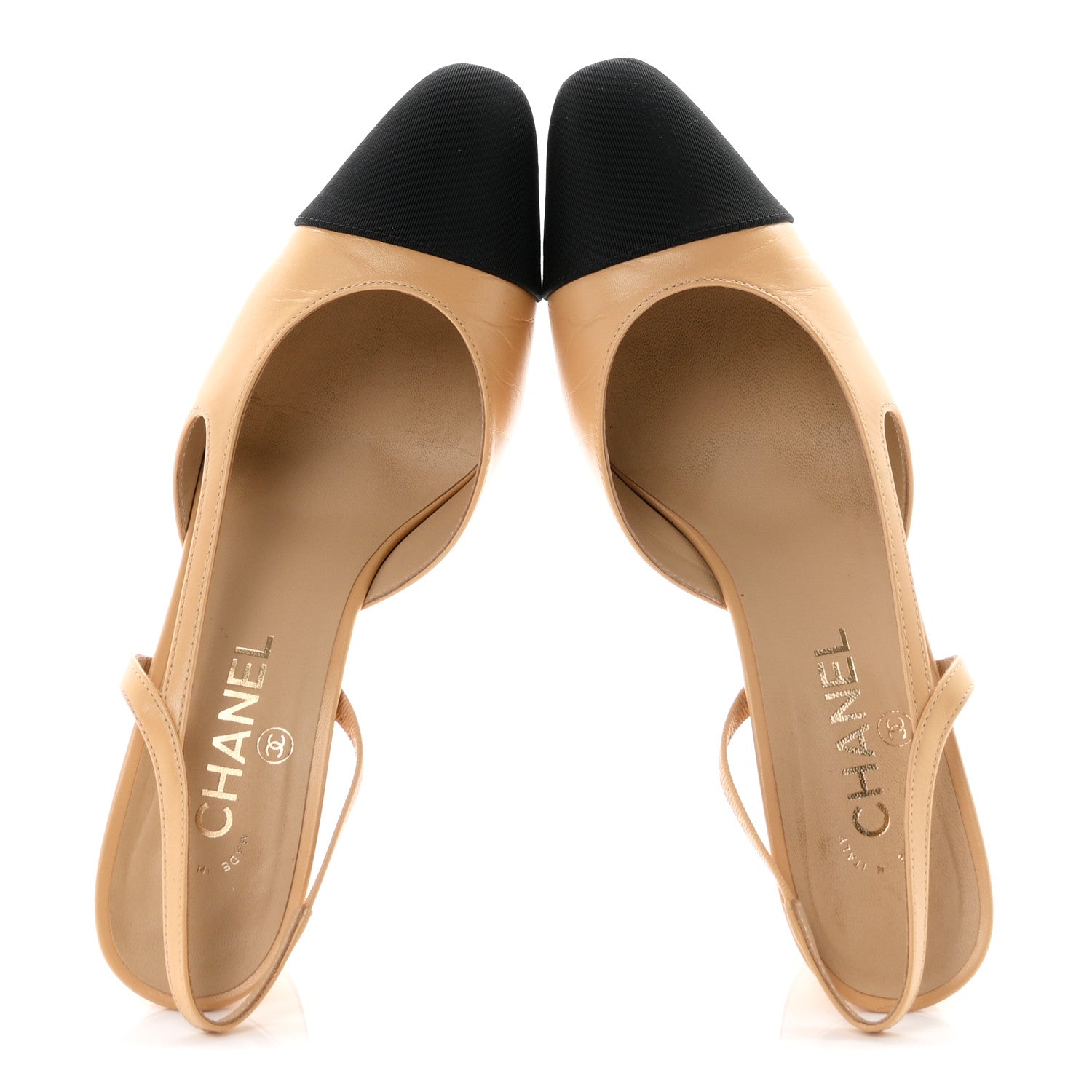 Chanel Goatskin Grosgrain Cap Toe CC Slingback Pumps 40 Beige Black 2 of 10