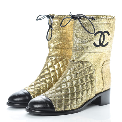 Chanel Metallic Goatskin Cap Toe Short Boots 37 Gold Black 3 of 10
