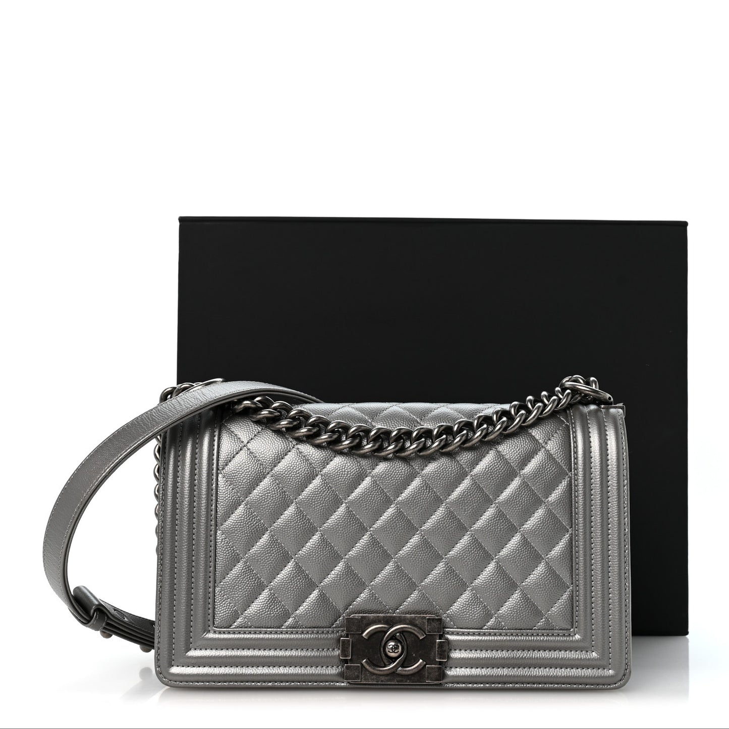 Metallic Caviar Quilted Medium Boy Flap Silver