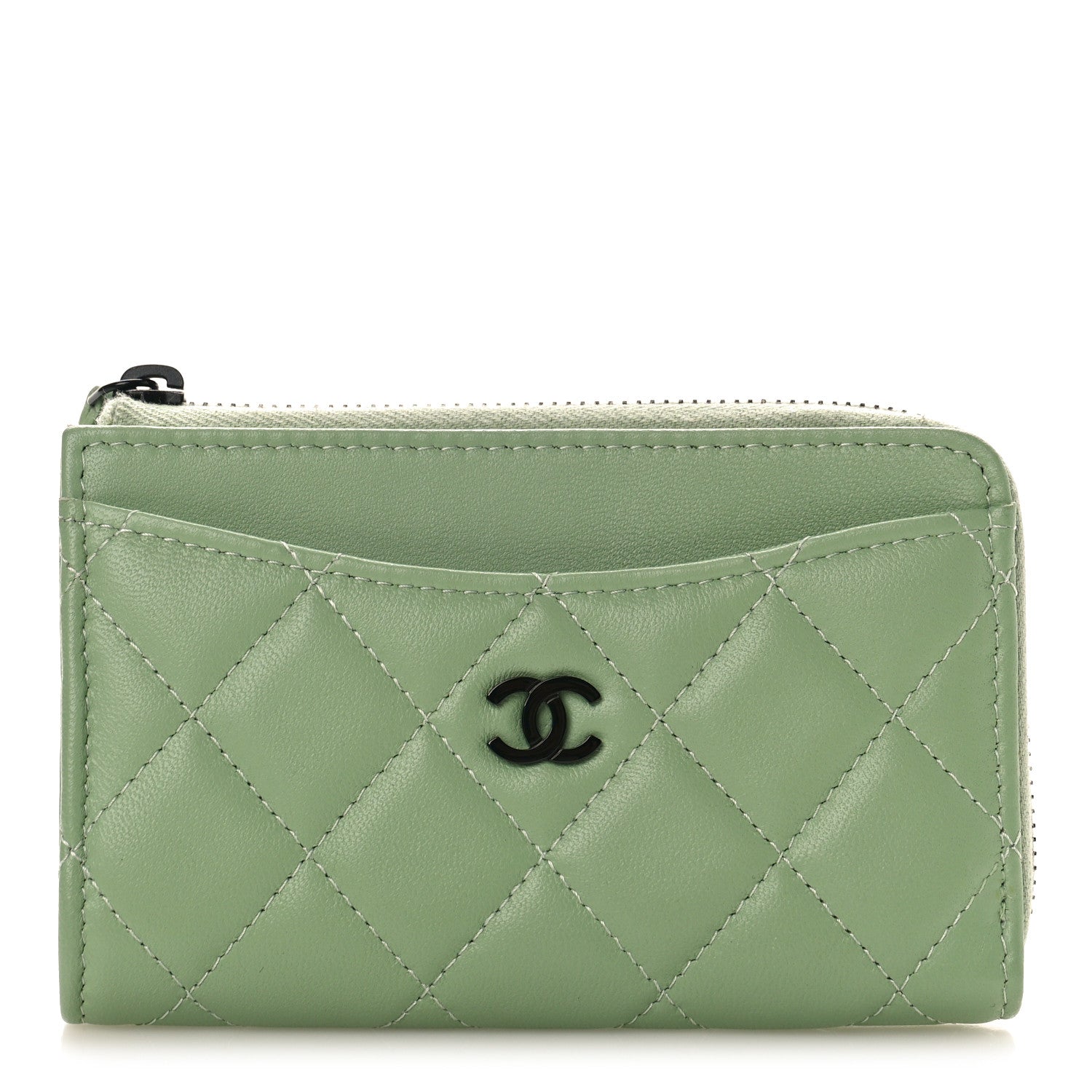 Chanel Lambskin Quilted CC Zip Around Card Holder Green 1 of 9