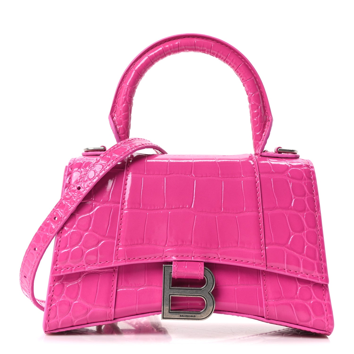 Balenciaga Shiny Calfskin Crocodile Embossed Hourglass Top Handle Bag XS Lipstick Pink 1 of 11