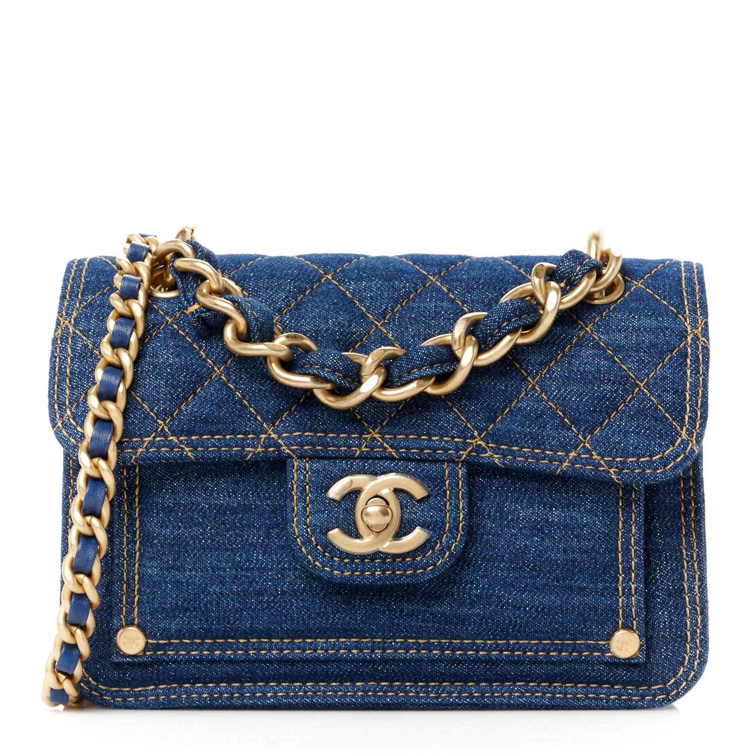 Chanel Denim Quilted Double You Mini Flap Blue Golden 1 of 11