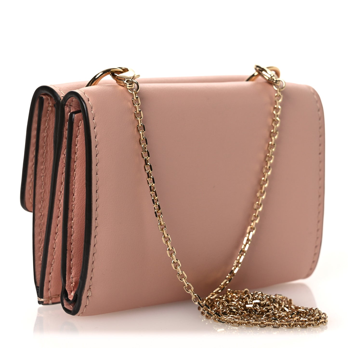Vitello Kyoto Metal Fendi Roma Logo Micro Trifold Wallet with Chain Light Rose