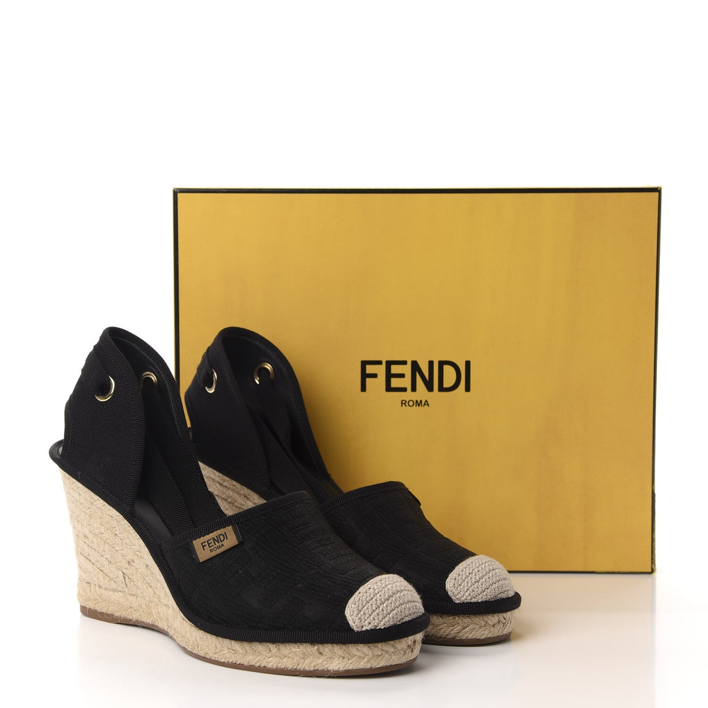 Canvas FF Embroidered Roma Ankle Wrap Espadrille Wedges 39 Black