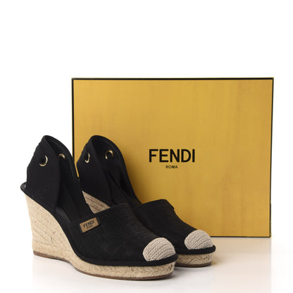 Fendi Canvas FF Embroidered Roma Ankle Wrap Espadrille Wedges 39 Black 9 of 9
