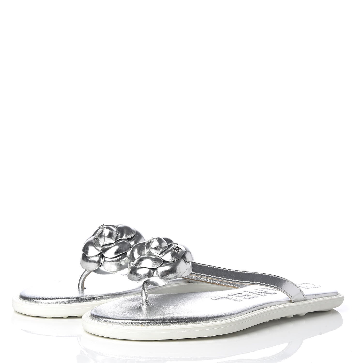 Chanel Iridescent Patent Calfskin Camellia Thong Sandals 41 Silver 3 of 8