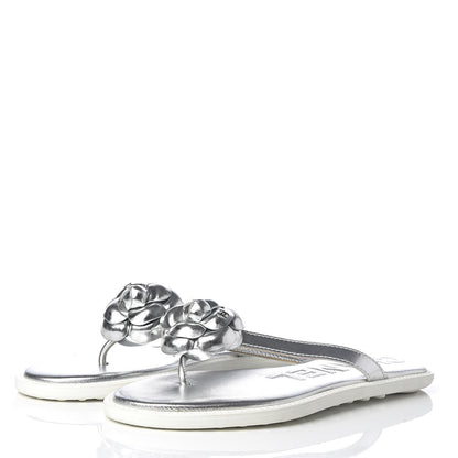Chanel Iridescent Patent Calfskin Camellia Thong Sandals 41 Silver 3 of 8