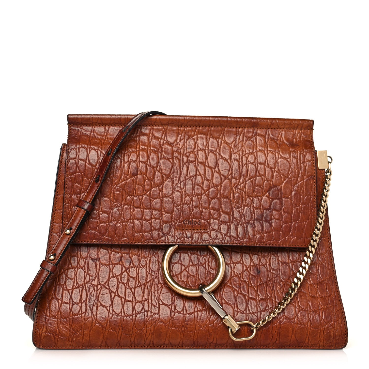Chloe Calfskin Crocodile Embossed Medium Faye Shoulder Bag Mahogany 1 of 15