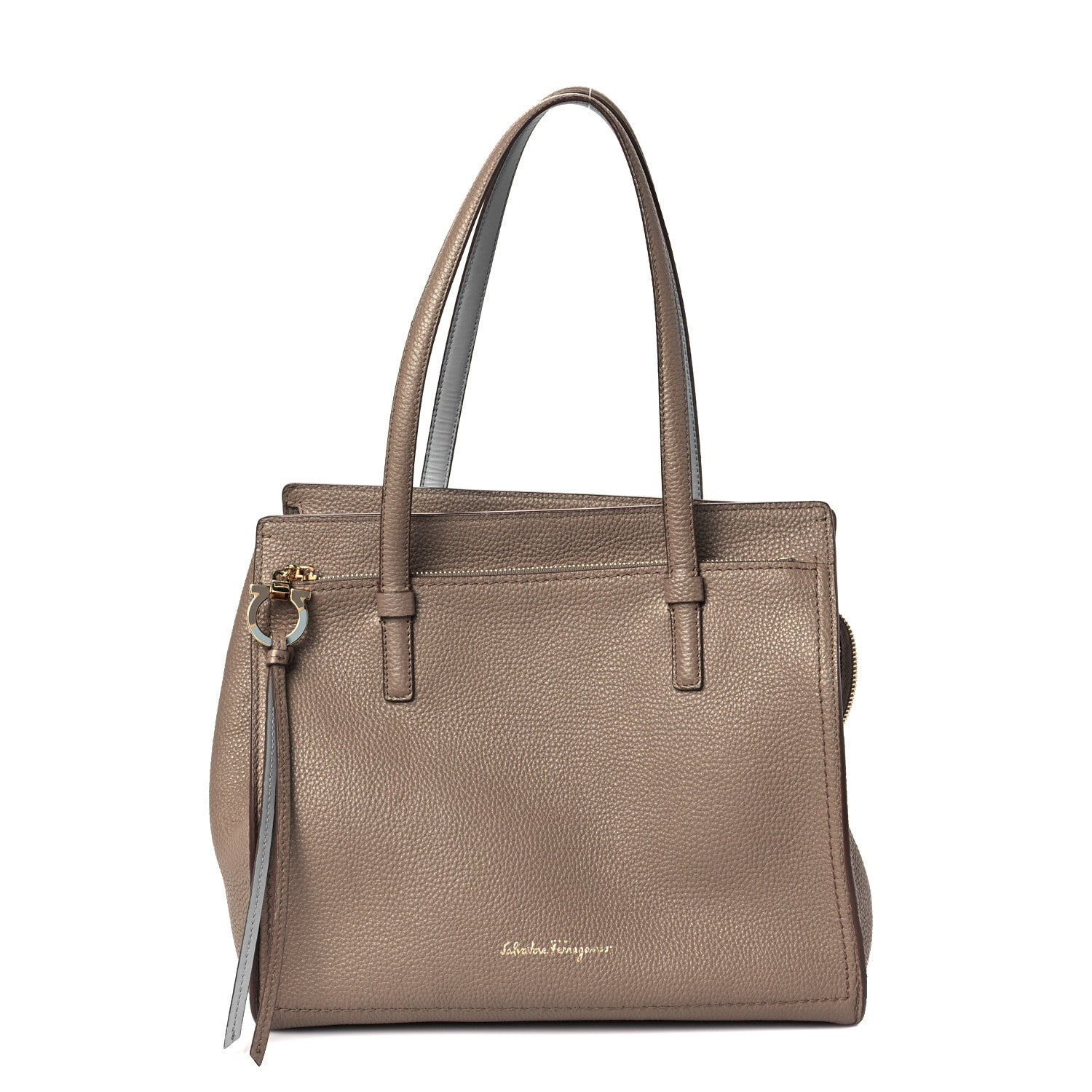 Salvatore Ferragamo Hammered Calfskin Double Handle Medium Amy Tote Fango Blue Haze 1 of 8