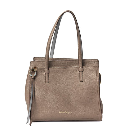 Salvatore Ferragamo Hammered Calfskin Double Handle Medium Amy Tote Fango Blue Haze 1 of 8