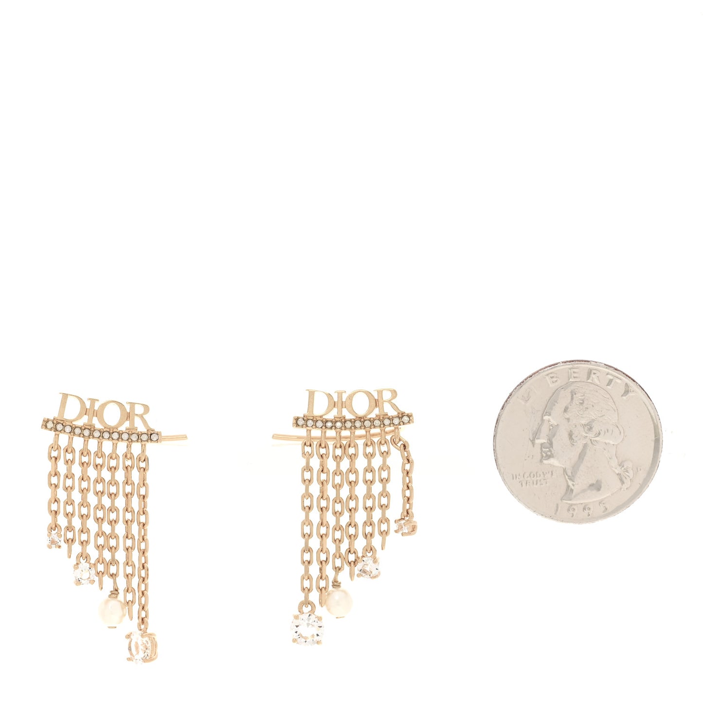 Pearl Crystal Dangle Chain Logo Earrings Gold