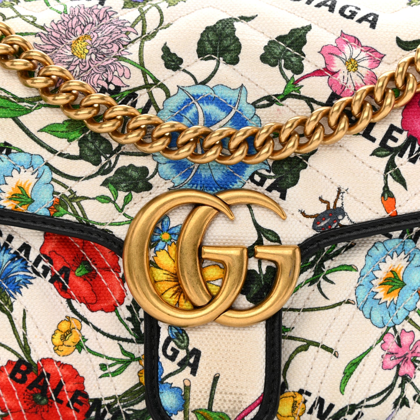 X BALENCIAGA Canvas Flora Logo Print Diagonal Matelasse Small GG Marmont Shoulder Bag White
