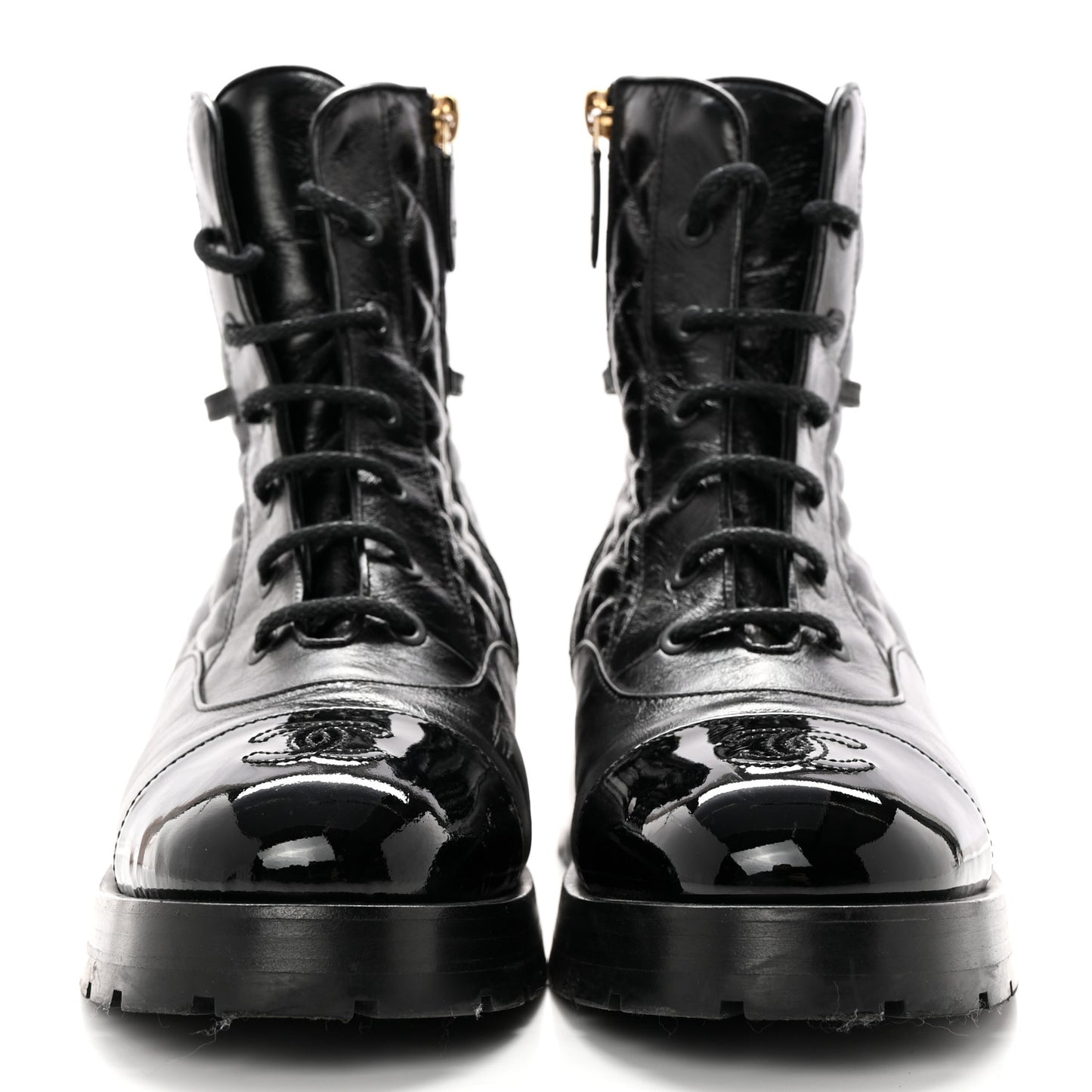 Shiny Calfskin Patent Quilted Chain Lace Up Combat Boots 39 Black