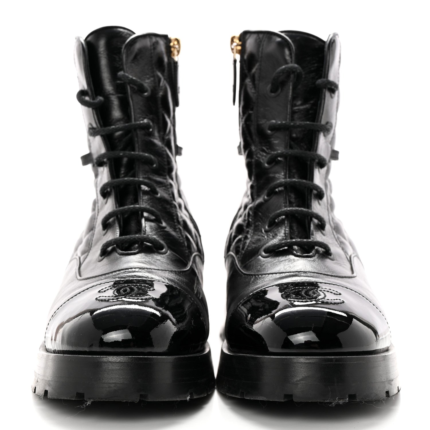 Chanel Shiny Calfskin Patent Quilted Chain Lace Up Combat Boots 39 Black 2 of 15