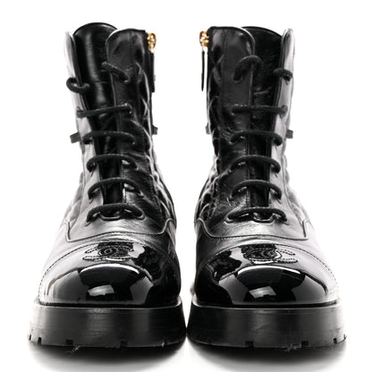 Chanel Shiny Calfskin Patent Quilted Chain Lace Up Combat Boots 39 Black 2 of 15