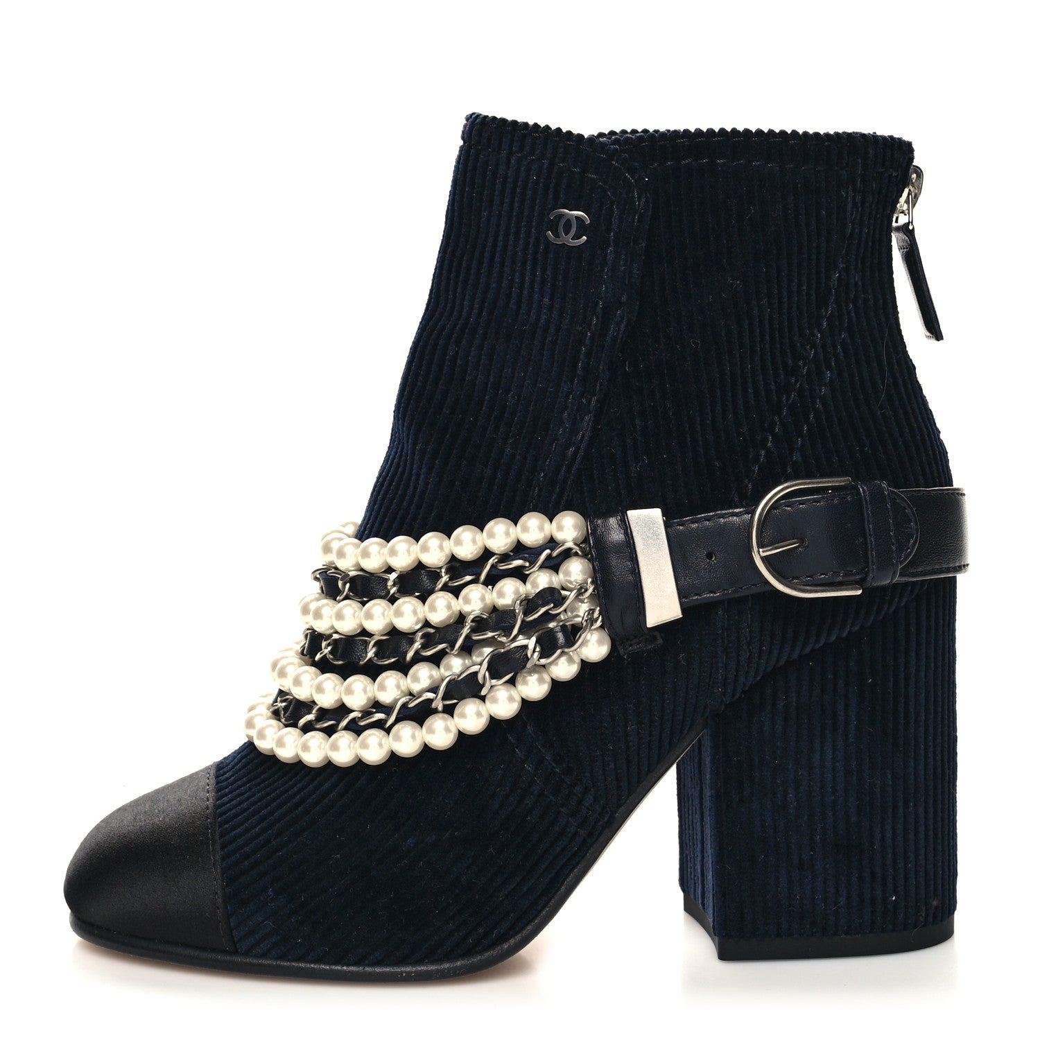 Chanel Velvet Satin Cap Cap Toe Short Boots 36 Navy Black 1 of 7