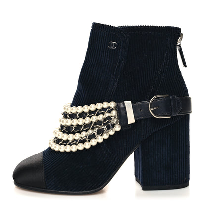 Chanel Velvet Satin Cap Cap Toe Short Boots 36 Navy Black 1 of 7