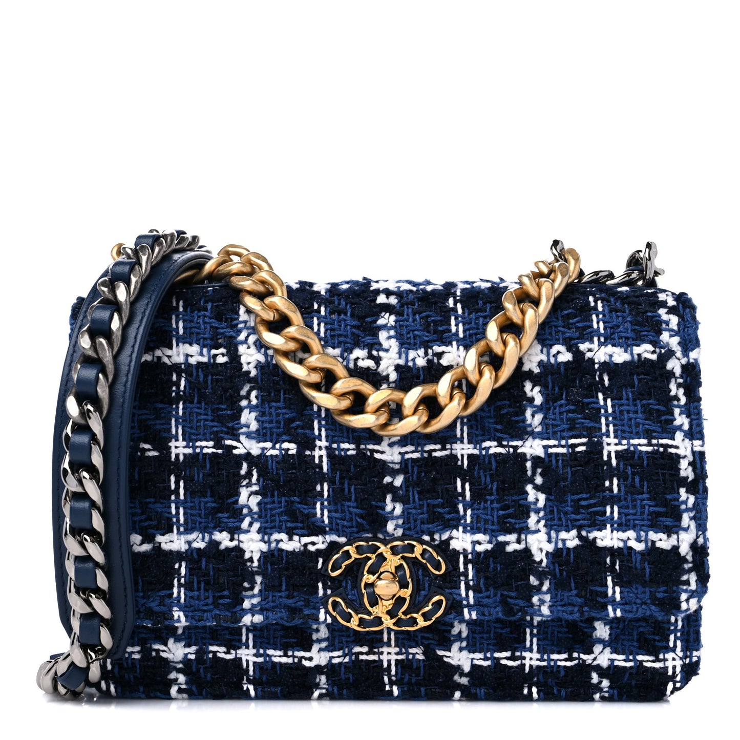 Tweed Quilted Chanel 19 Wallet On Chain WOC Blue White Navy Blue