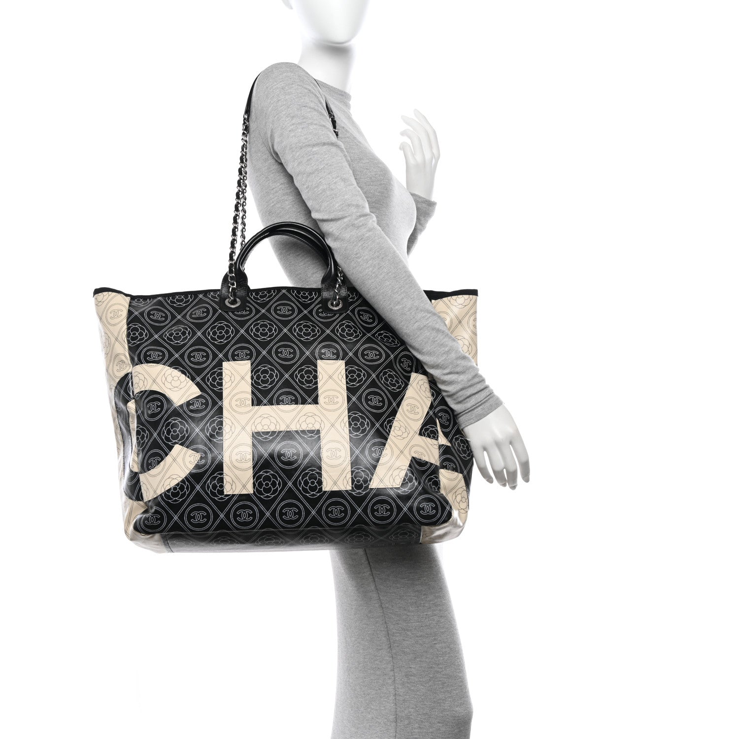 Chanel Coated Canvas Camellia Large Shopping Tote Black Beige 2 of 10