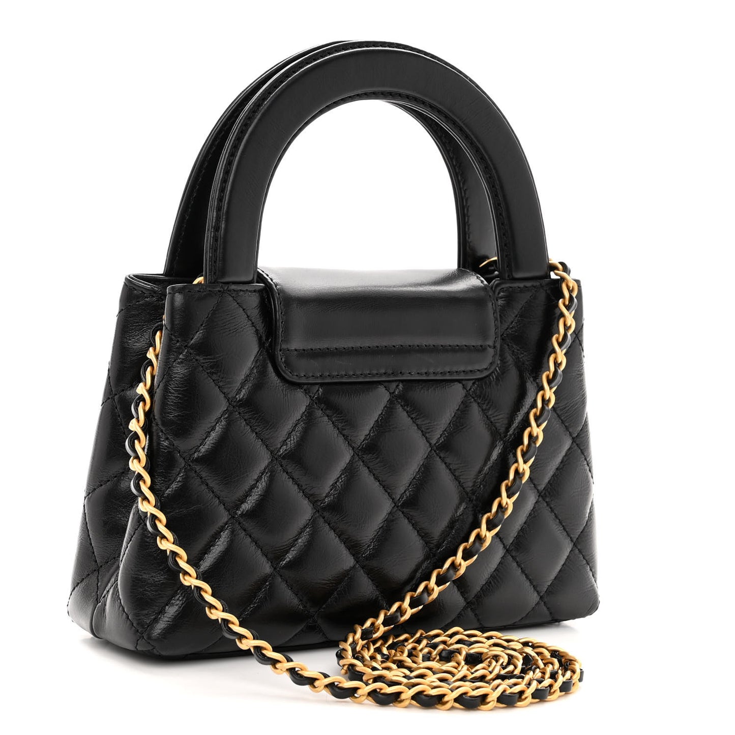 Shiny Aged Calfskin Quilted Nano Kelly Shopper Black