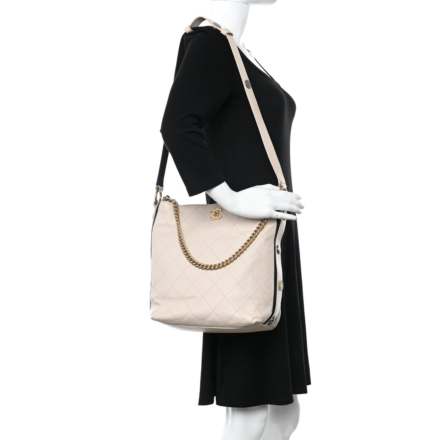 Calfskin Stitched Large Button Up Hobo Ivory Black