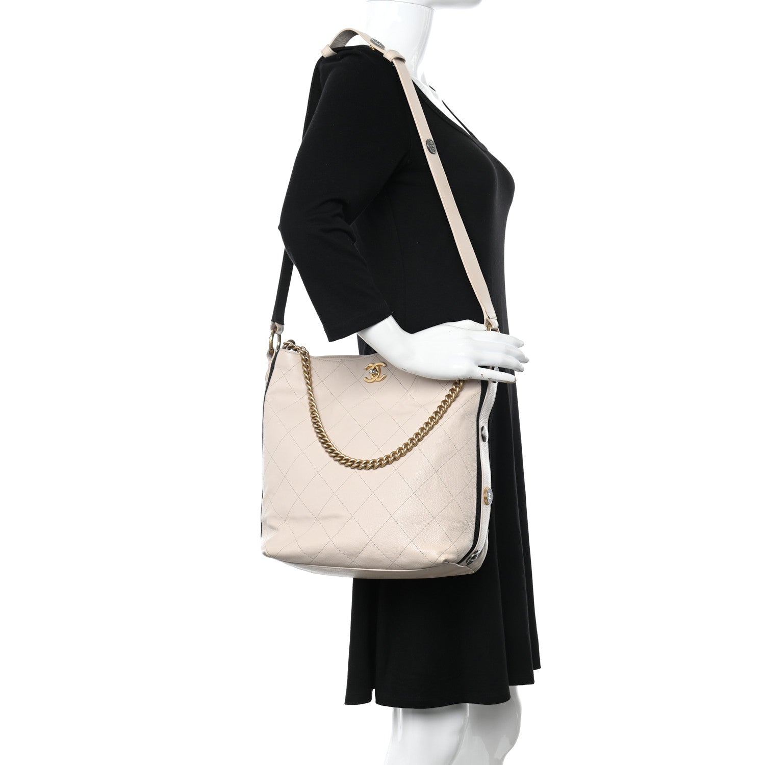 Chanel Calfskin Stitched Large Button Up Hobo Ivory Black 2 of 13