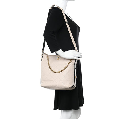 Chanel Calfskin Stitched Large Button Up Hobo Ivory Black 2 of 13