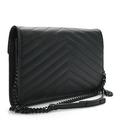 Saint Laurent Grain De Poudre Matelasse Chevron Monogram Monochrome Chain Wallet Black 3 of 9