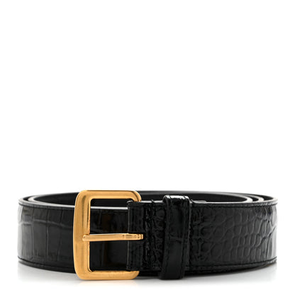 Saint Laurent Calfskin Crocodile Embossed Monogram Square Buckle Belt 80 32 Black 1 of 8