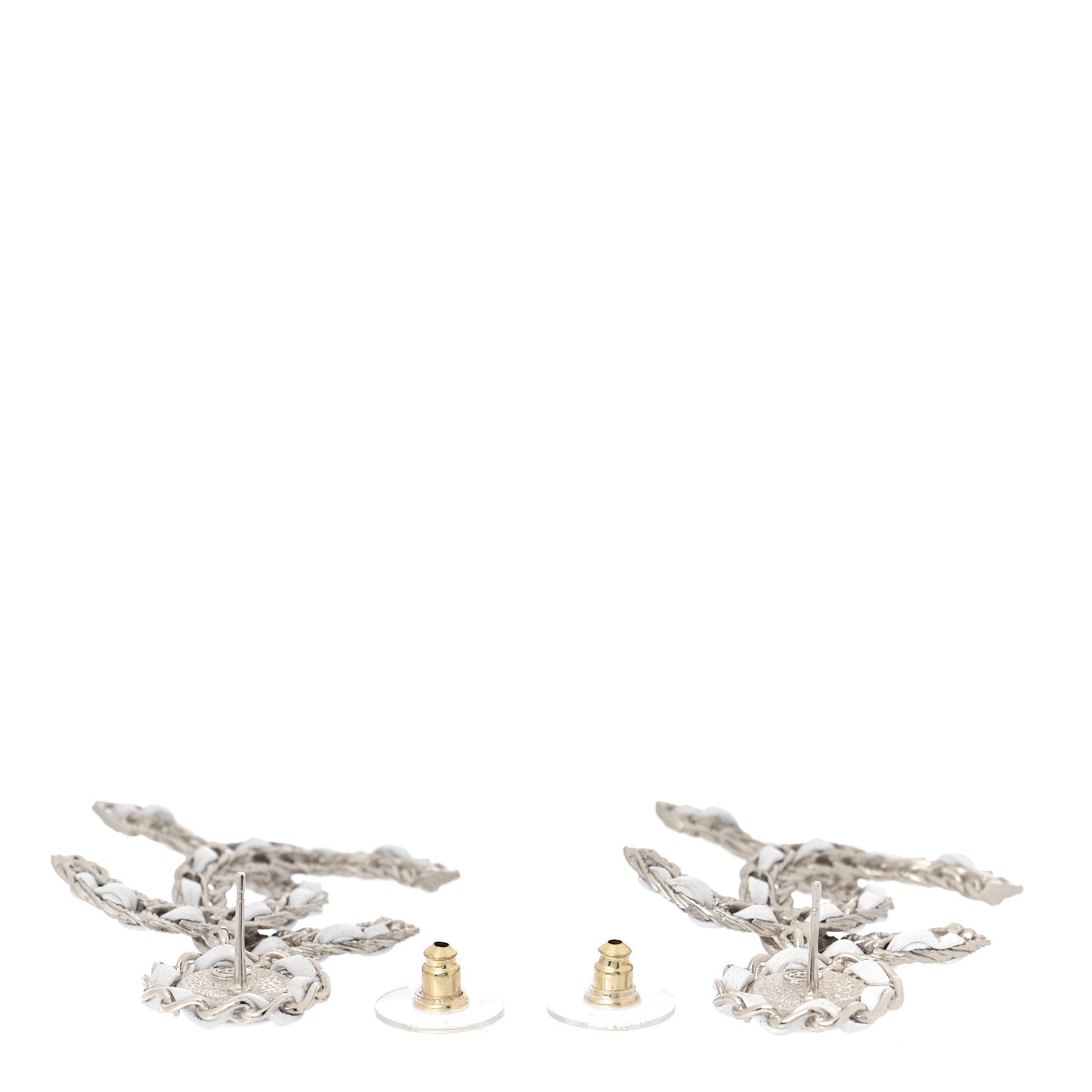 Lambskin Metal Chain CC Drop Earrings White Gold