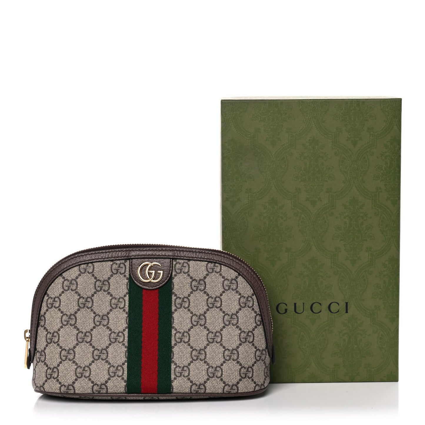 GG Supreme Monogram Textured Calfskin Web Large Ophidia Cosmetic Case Beige Ebony New Acero