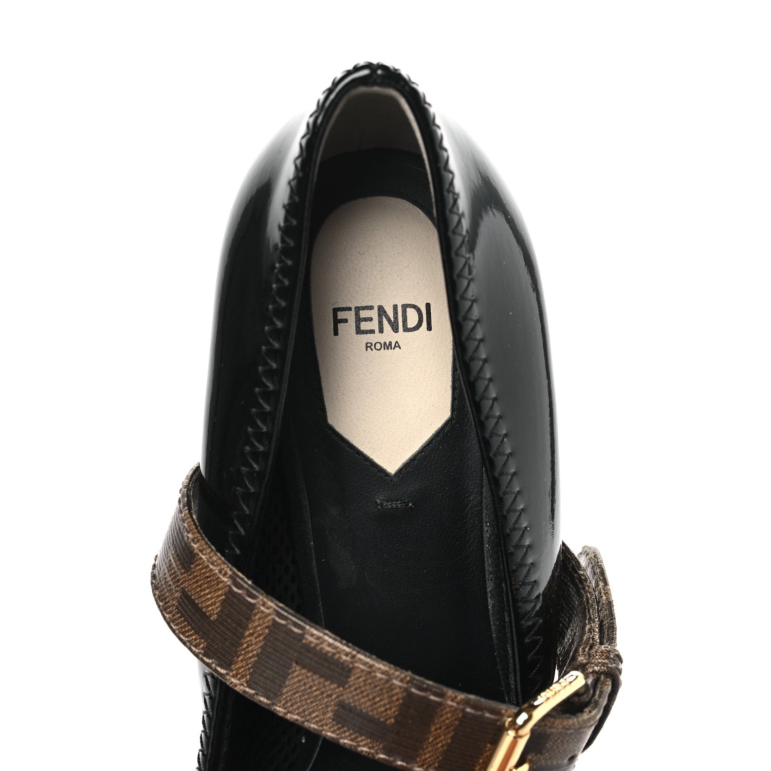 Fendi Glossy Neoprene Glazed Fabric FF FFrame Court Mary Jane Slingback Pumps 39 Black Tobacco Moro 7 of 7