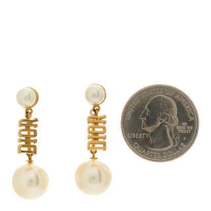 Christian Dior Pearl Tribal Logo Drop Earrings Gold White 2 of 5