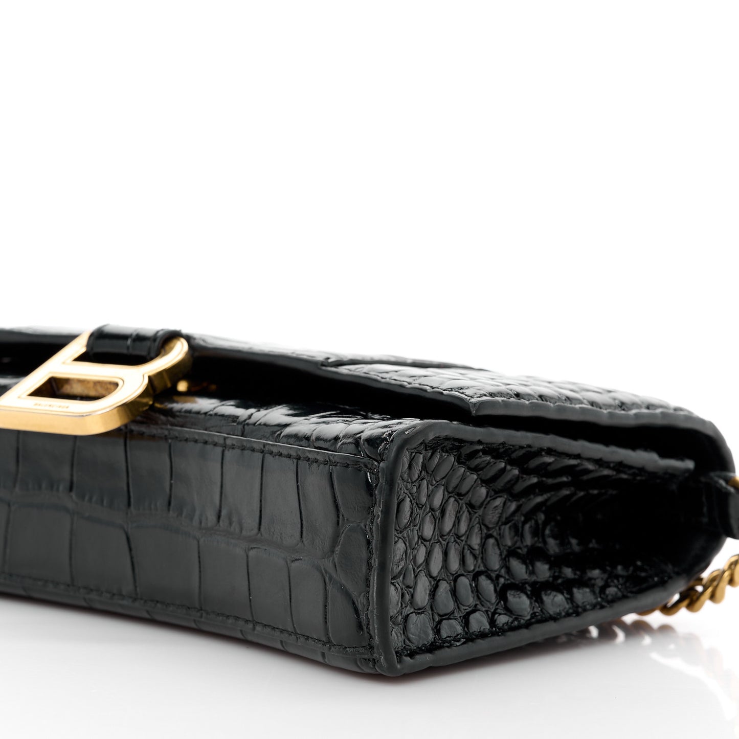 Shiny Calfskin Crocodile Embossed Hourglass Chain Bag Black