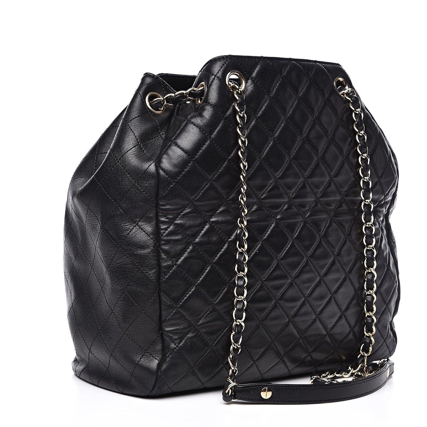 Lambskin Quilted Large Drawstring Bag Black