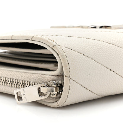 Saint Laurent Grain De Poudre Matelasse Chevron Monogram Compact Zip Around Wallet Ivory 10 of 14