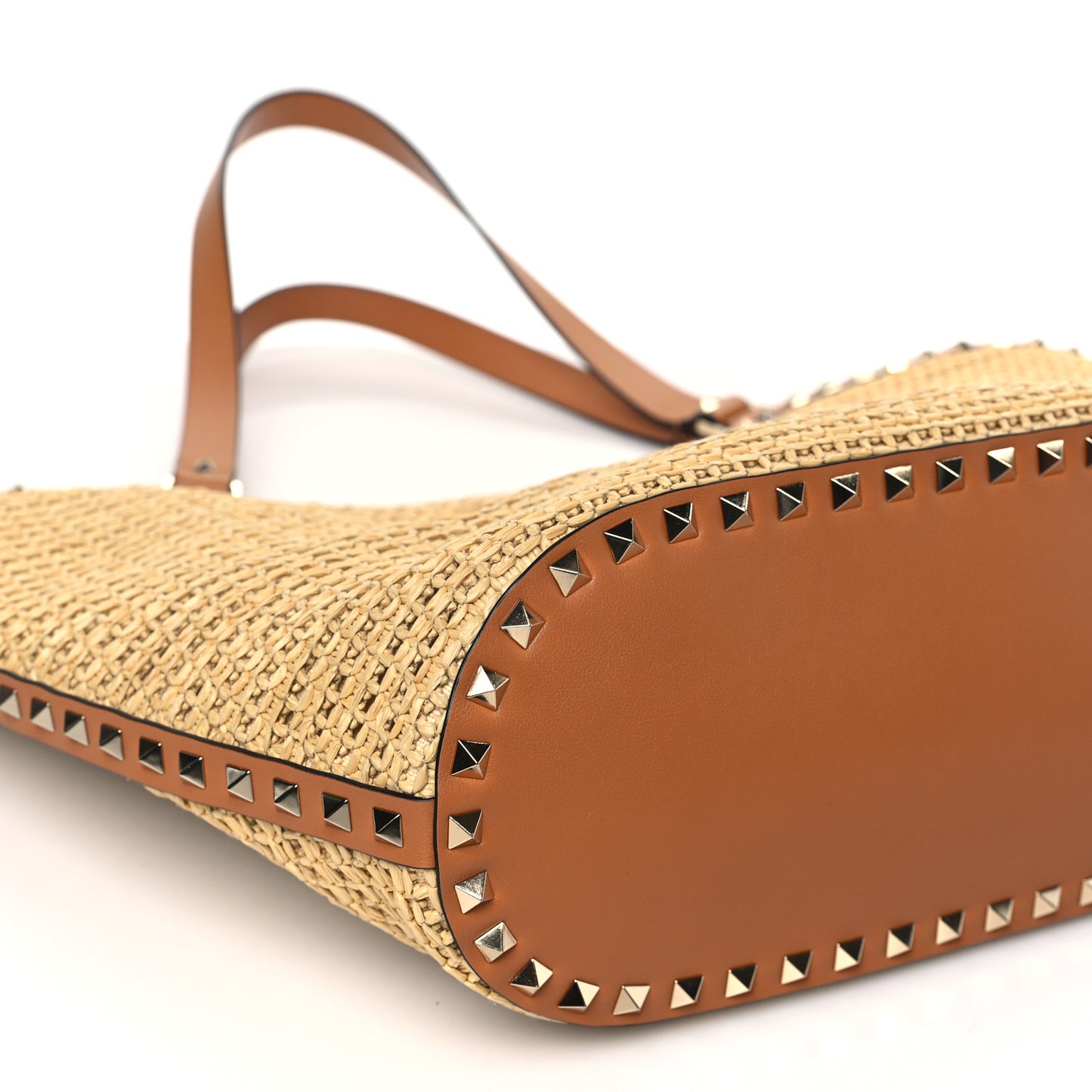 Synthetic Raffia Calfskin Rockstud Garden Tote Bag Natural Almond