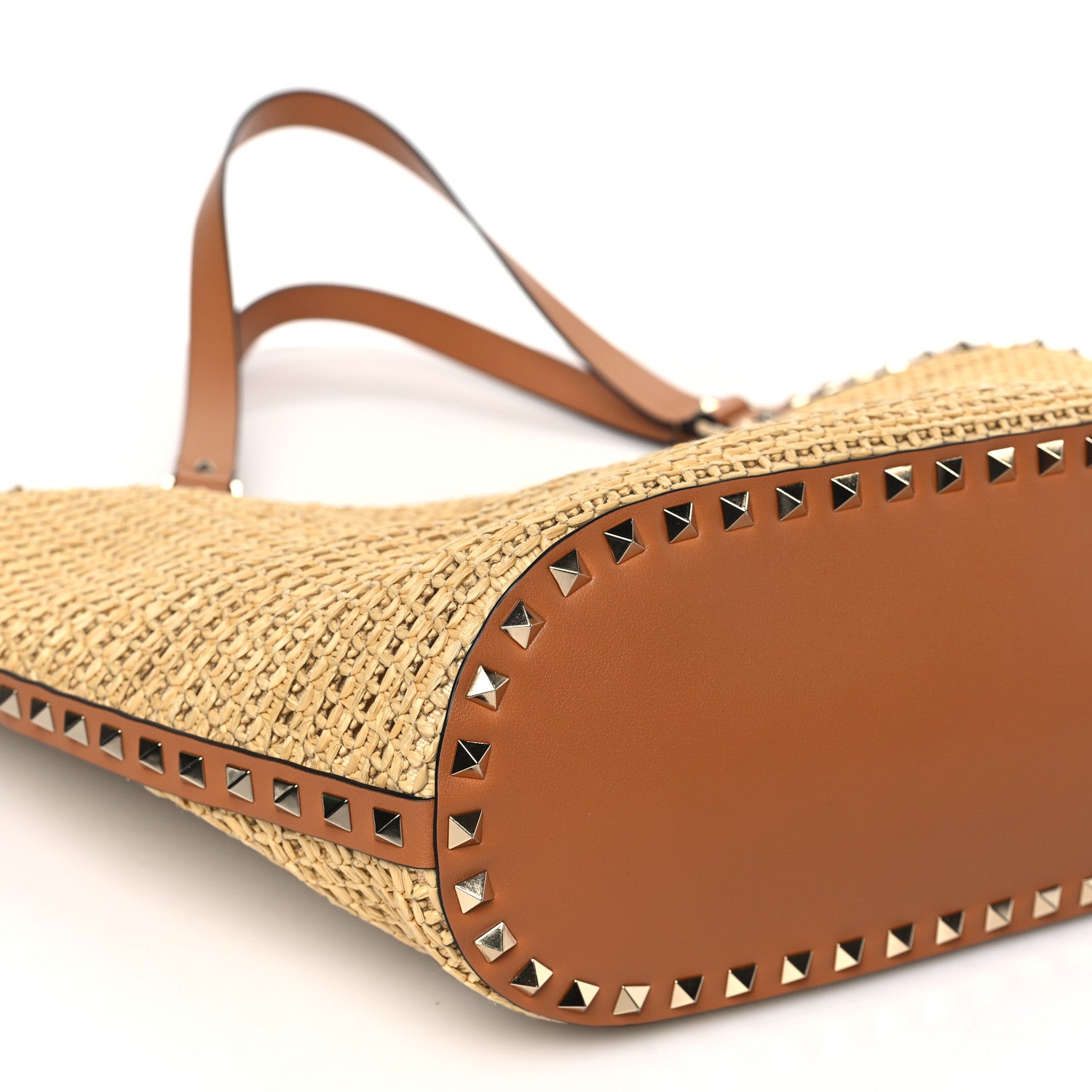Valentino Garavani Synthetic Raffia Calfskin Rockstud Garden Tote Bag Natural Almond 8 of 9