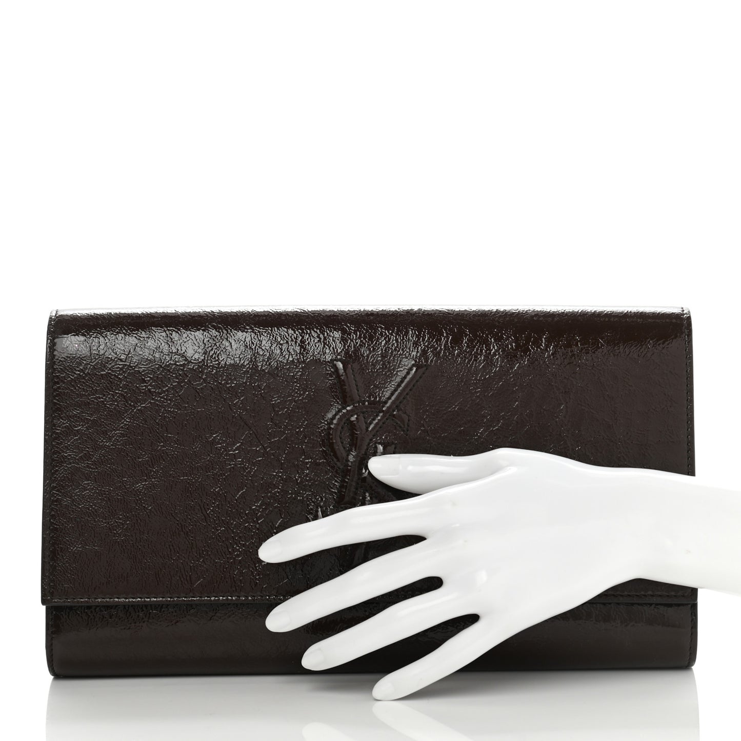 Textured Patent Monogram Large Belle De Jour Clutch Dark Brown
