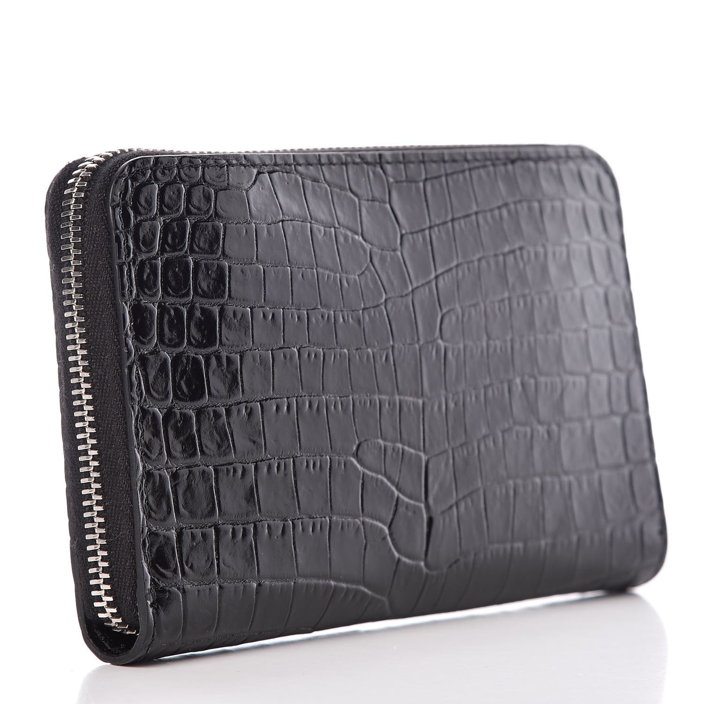 Calfskin Crocodile Embossed Monogram Zip Around Wallet Black