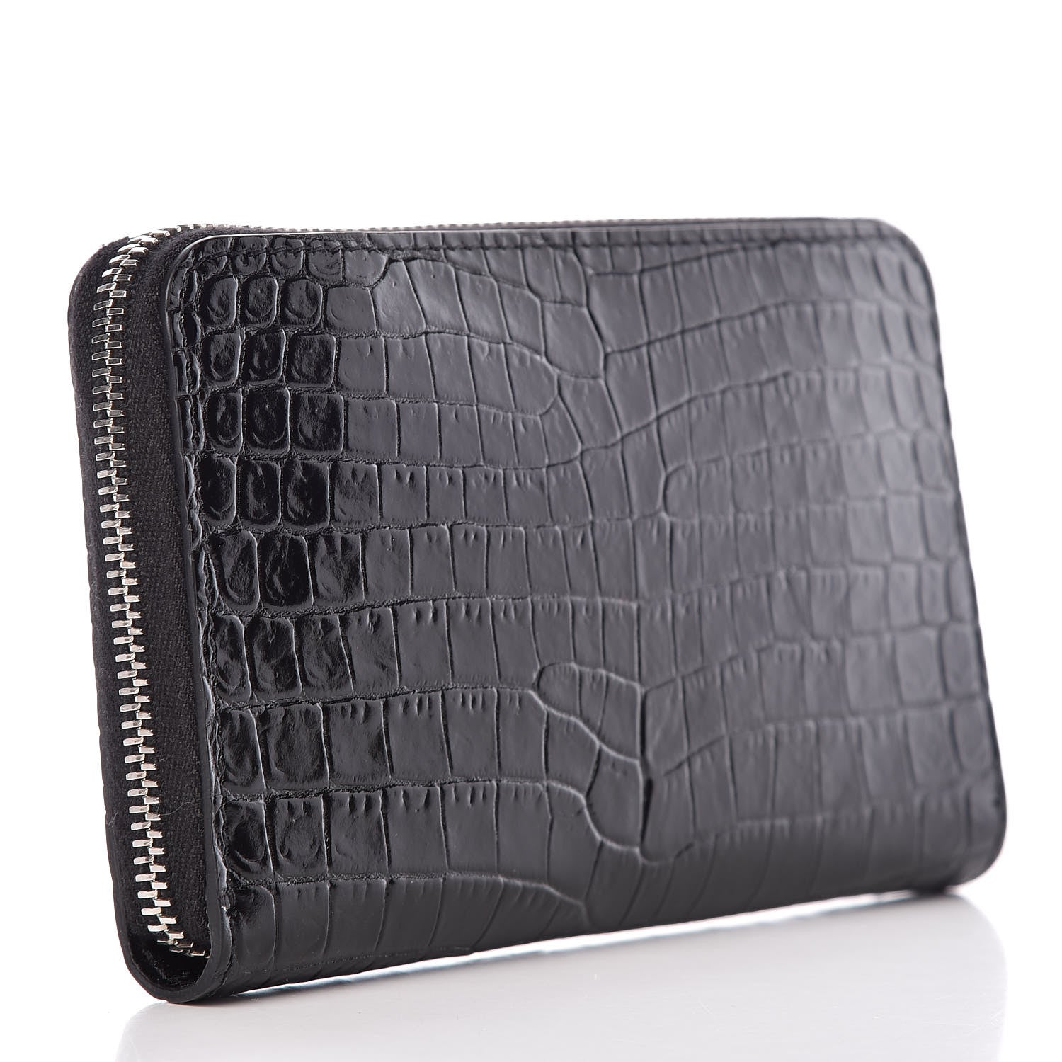 Saint Laurent Calfskin Crocodile Embossed Monogram Zip Around Wallet Black 3 of 11