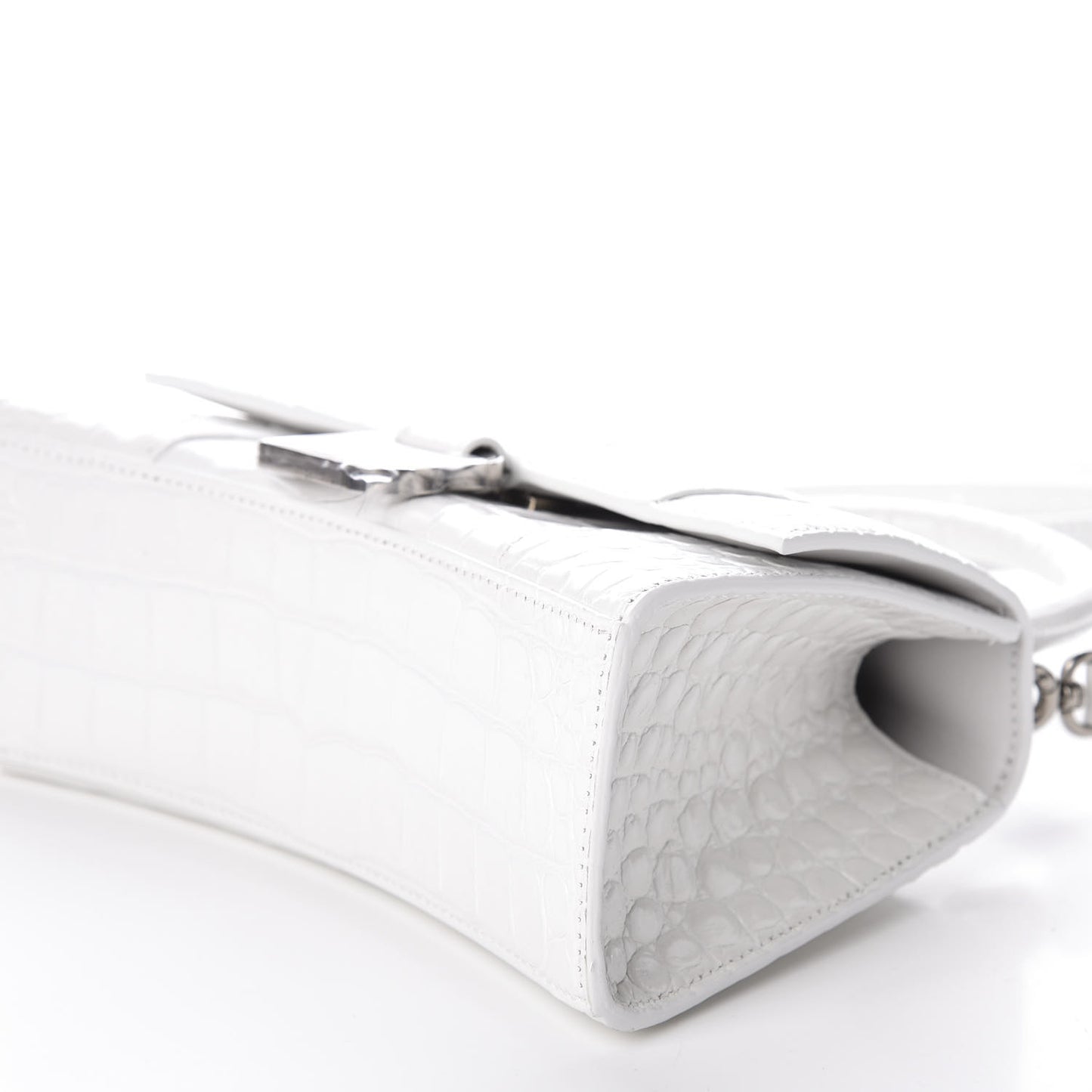 Shiny Calfskin Crocodile Embossed Hourglass Top Handle Bag XS White