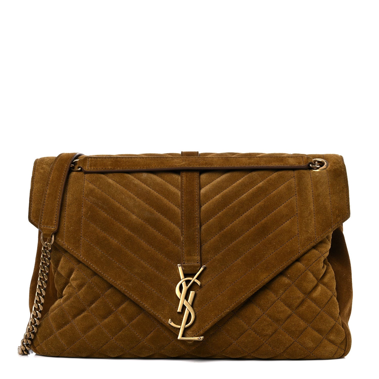 Saint Laurent Suede Mixed Matelasse Tri-Quilt Large Monogram Envelope Satchel Brown 1 of 25
