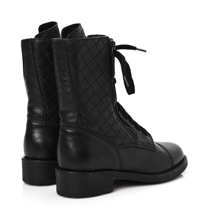 Chanel Sheepskin Quilted Lace Up Combat Boots 35 Black 4 of 6