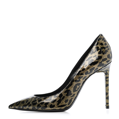 Saint Laurent Patent Glitter Leopard Print Anja 105 Pumps 38.5 Gold Black 1 of 4