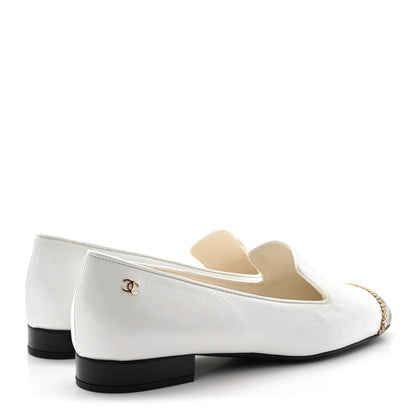 Chanel Patent Cap Toe Chain Moccasin Loafers 37 White Black 5 of 10