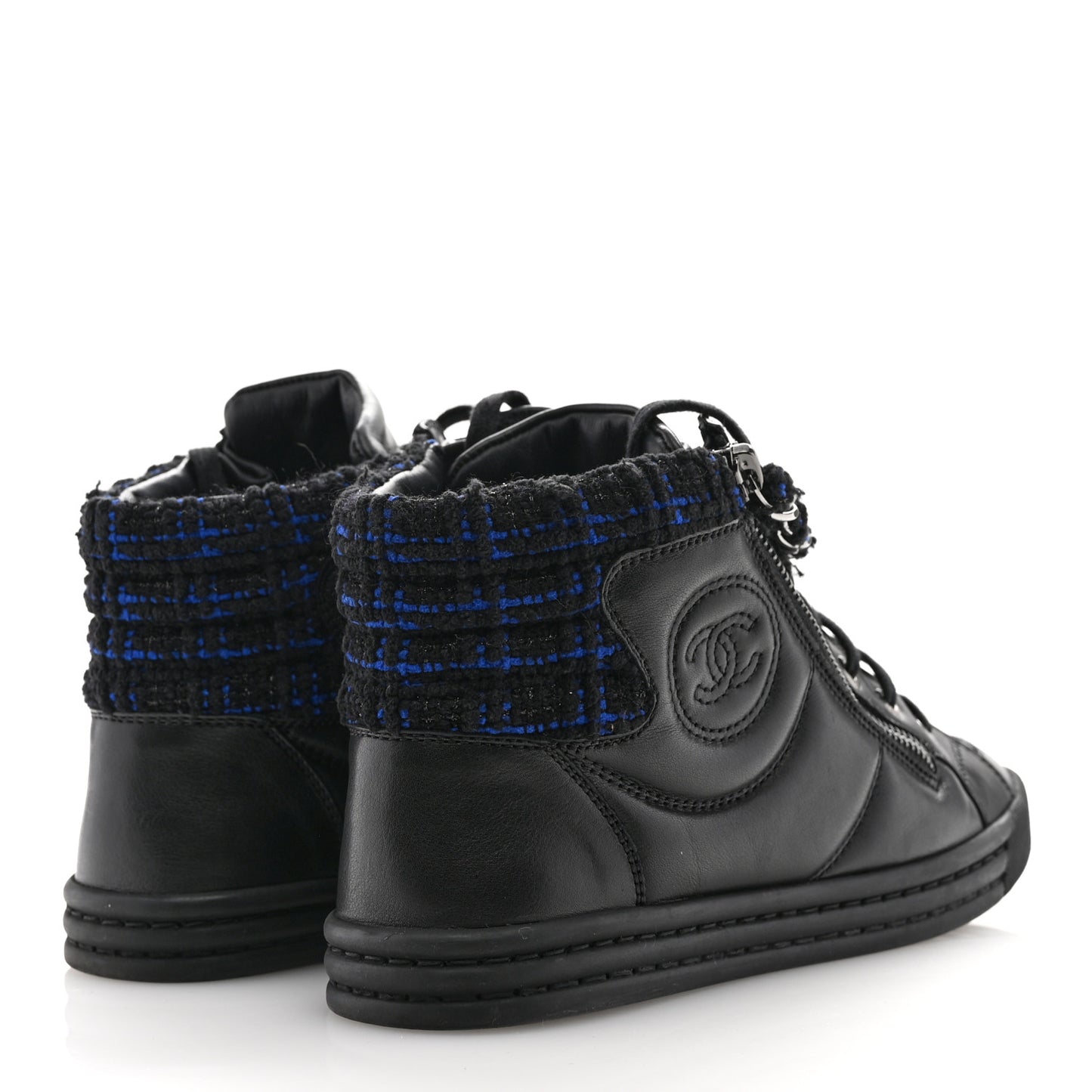 Lambskin Tweed Zipped Sneakers 36 Black Blue